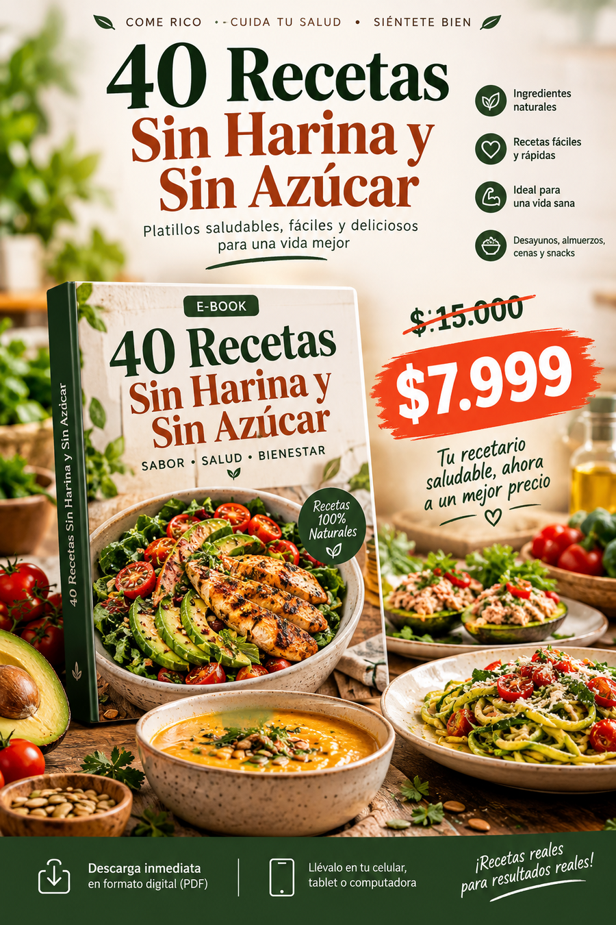 Tapa del ebook 40 recetas sin azúcar y sin harinas